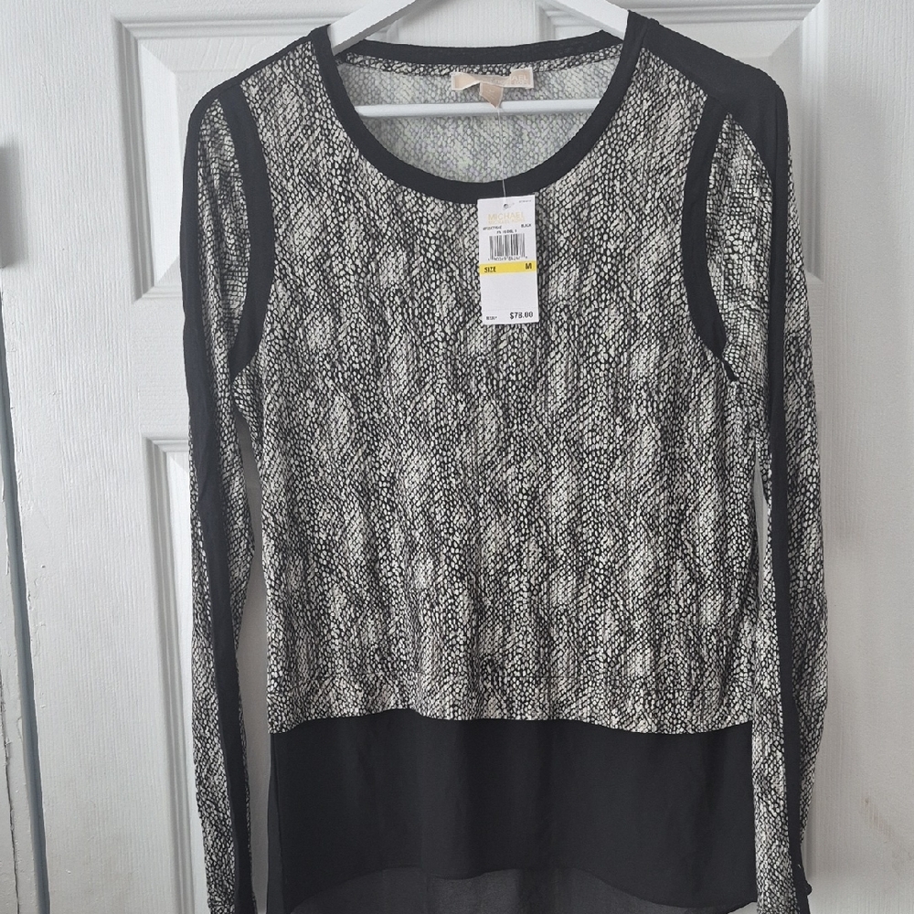 Michael Kors Black & White Sheer Long Sleeve Blouse Size M
